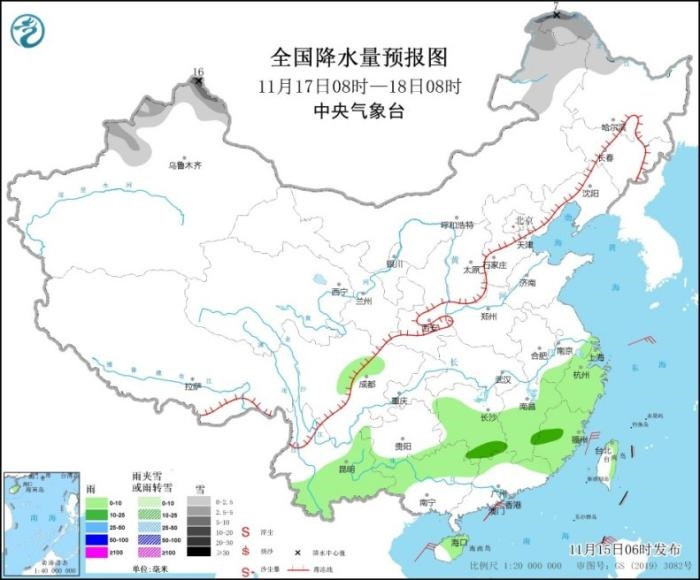 全國降水量預(yù)報圖(11月17日08時-18日08時)