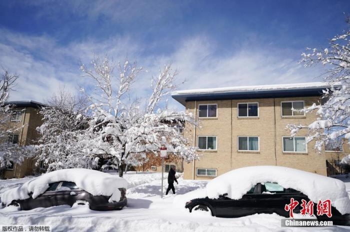 資料圖：當(dāng)?shù)貢r間2021年3月15日，美國科羅拉多州丹佛，當(dāng)?shù)赜瓉韽姳╋L(fēng)雪天氣，城市被積雪覆蓋。