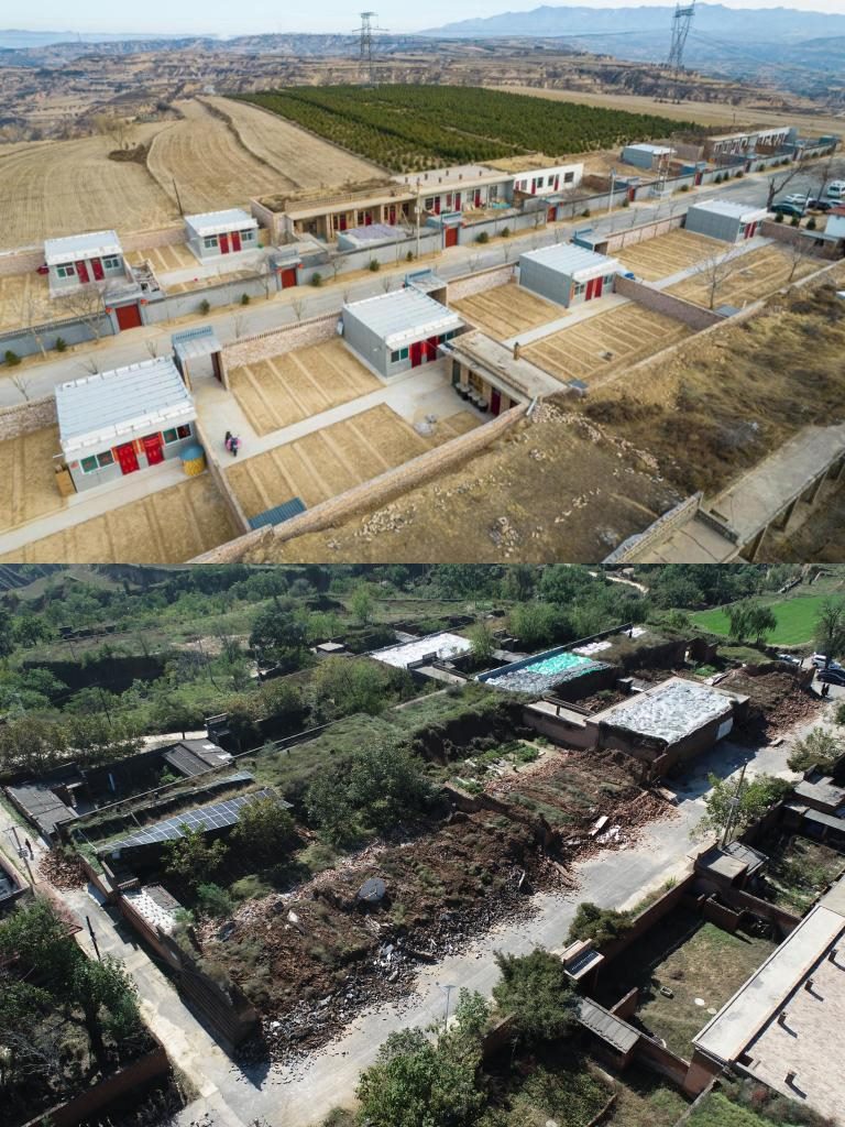 拼版照片，上圖是2022年1月山西省霍州市師莊鄉(xiāng)馮南垣村災(zāi)后恢復(fù)重建后的場景，下圖是2021年10月村莊因災(zāi)受損的場景。(霍州市委宣傳部供圖)