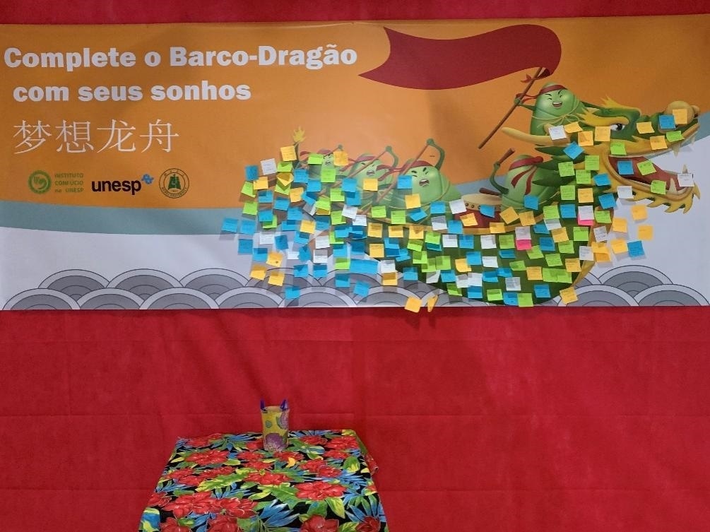 活動現(xiàn)場設置了“夢想龍舟”環(huán)節(jié)，大家將自己寫下的心愿貼在“龍舟”上，期盼“龍舟”承載自己的夢想駛向更美好的未來。（圣保羅州立大學孔子學院供圖）