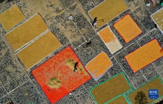 9月16日，貴州省黔東南苗族侗族自治州丹寨縣南皋鄉(xiāng)石橋村村民在晾曬農(nóng)作物（無人機照片）。