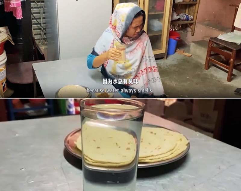 圖為紀(jì)實(shí)短片截圖：上圖為水質(zhì)未改善前，飲用水發(fā)黃渾濁；下圖為水廠建成后，飲用水水質(zhì)明顯改善，清澈透明。