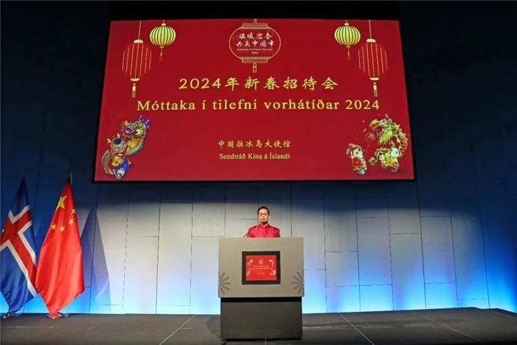 中國(guó)駐冰島大使何儒龍致辭。中國(guó)駐冰島大使館供圖