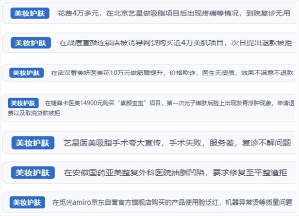 “人民投訴”用戶舉報(bào)醫(yī)美未達(dá)預(yù)期效果或?qū)е律眢w損傷退款遭拒、機(jī)構(gòu)及服務(wù)人員虛假資質(zhì)、被誘導(dǎo)高額醫(yī)美貸、網(wǎng)購(gòu)美容儀器質(zhì)量不過關(guān)等問題。（“人民投訴”平臺(tái)截圖）