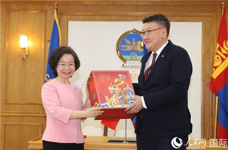 沈大使向扎布赫楞部長贈送吉祥龍。人民網(wǎng)記者 霍文攝