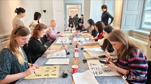 瑞典書法愛好者專心學(xué)習(xí)書法。人民網(wǎng)記者 殷淼攝