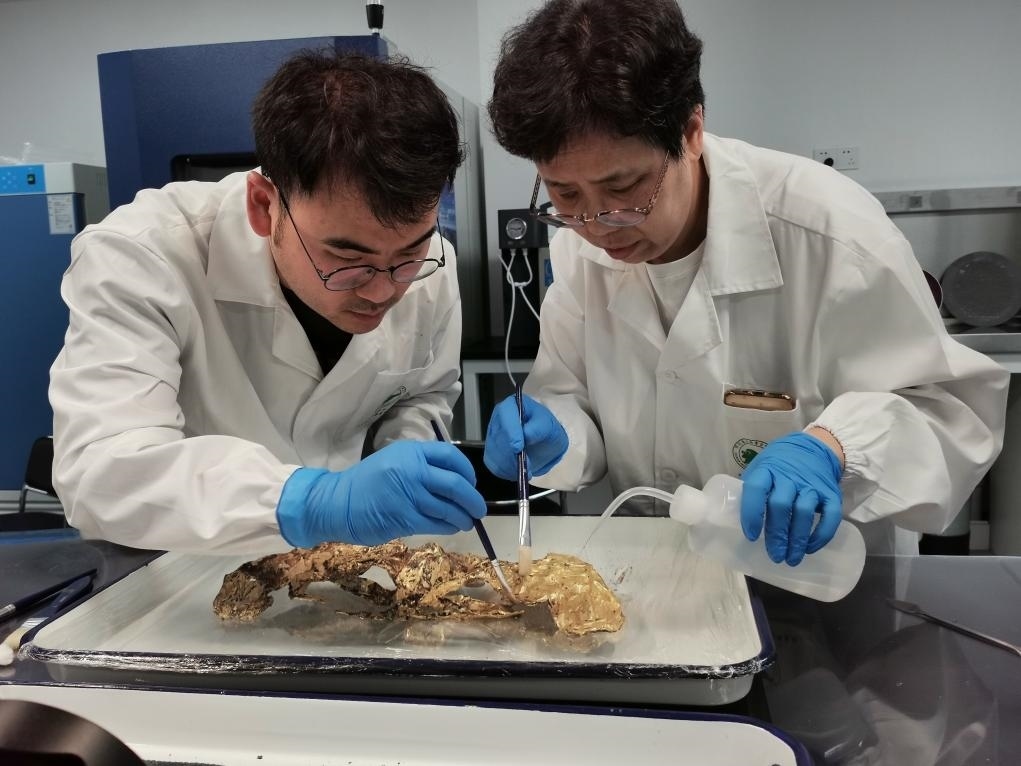 2023年7月，馬燕如（右）帶著魯海子（左）修復(fù)三星堆遺址出土的黃金面具。新華社發(fā)（四川省文物考古研究院供圖）