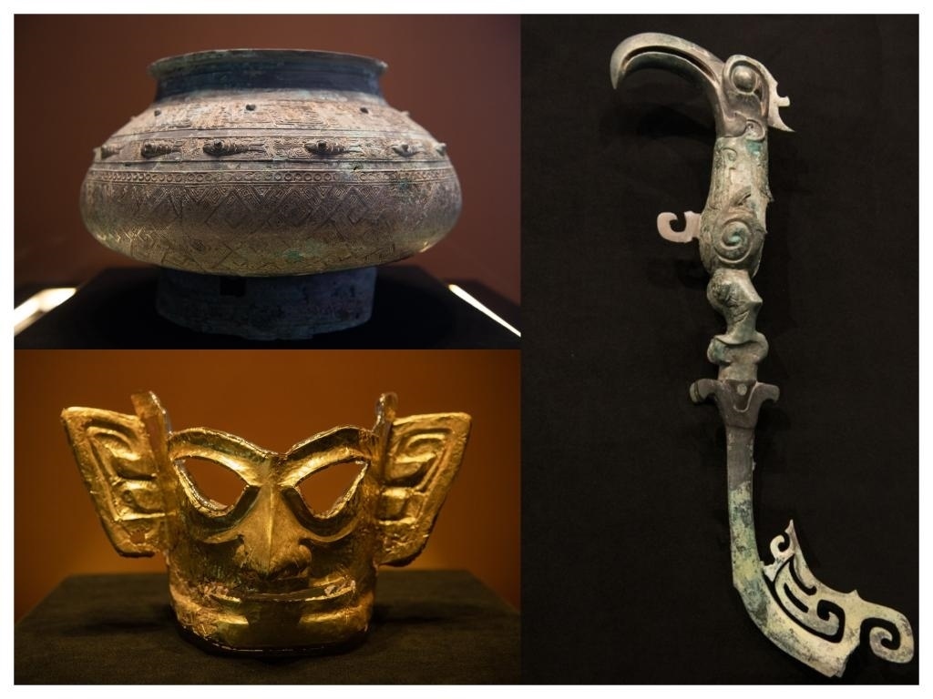 拼版照片：左上圖為青銅瓿，左下圖為黃金面具，右圖為青銅樹(shù)枝。新華社記者唐文豪 攝