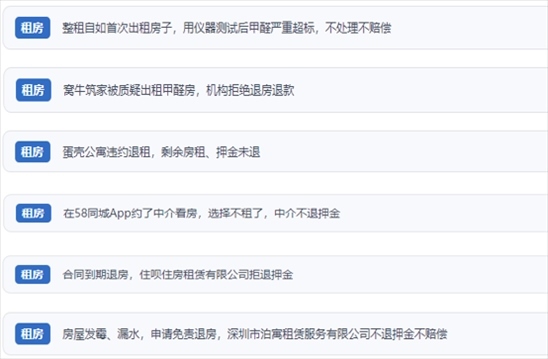 網友涉及租房消費中的相關投訴問題。（“人民投訴”用戶投訴截圖）