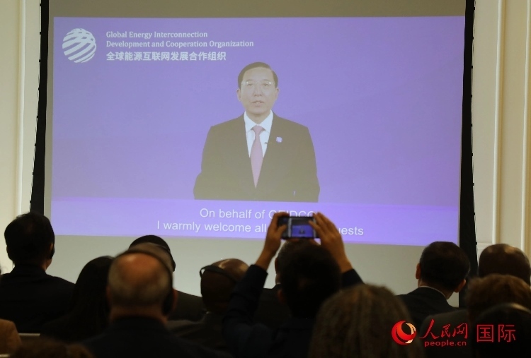 全球能源互聯(lián)網(wǎng)發(fā)展合作組織主席、中國電力企業(yè)聯(lián)合會理事長辛保安通過視頻方式致辭。人民網(wǎng)記者 李志偉攝