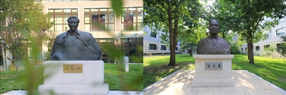△左圖為中央黨校（國家行政學院）校園內(nèi)的焦裕祿雕塑，右圖為校園內(nèi)的谷文昌雕塑。