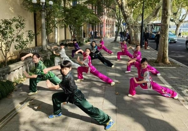 杭州市陳經(jīng)綸體校武術(shù)隊(duì)學(xué)生們展示中華武術(shù)。 人民網(wǎng)記者 楊磊攝