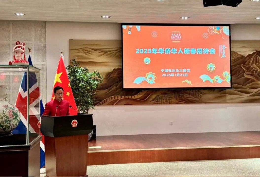 中國(guó)駐冰島大使何儒龍致辭。中國(guó)駐冰島大使館供圖