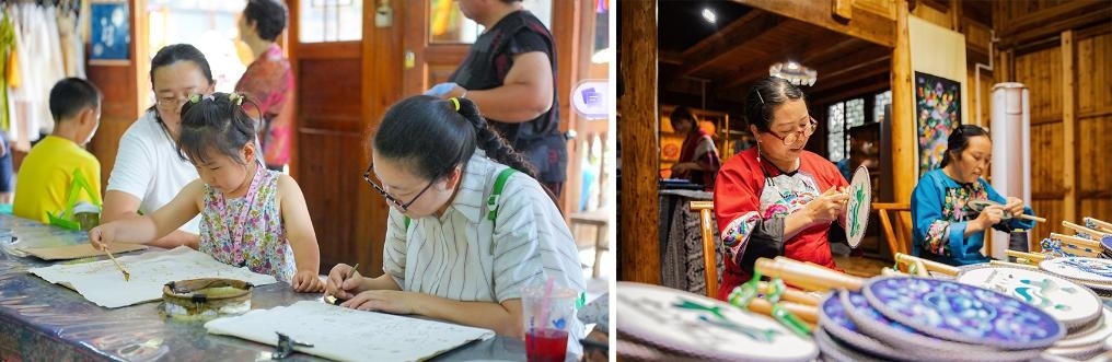 左圖：近期，游客在黎平縣肇興侗寨體驗(yàn)非遺蠟染藝術(shù)（黎平縣委宣傳部供圖）；右圖：這是2024年拍攝的繡娘在十八洞村梨子寨苗繡鄉(xiāng)村振興示范基地制作苗繡產(chǎn)品（湘西州委宣傳部供圖）。