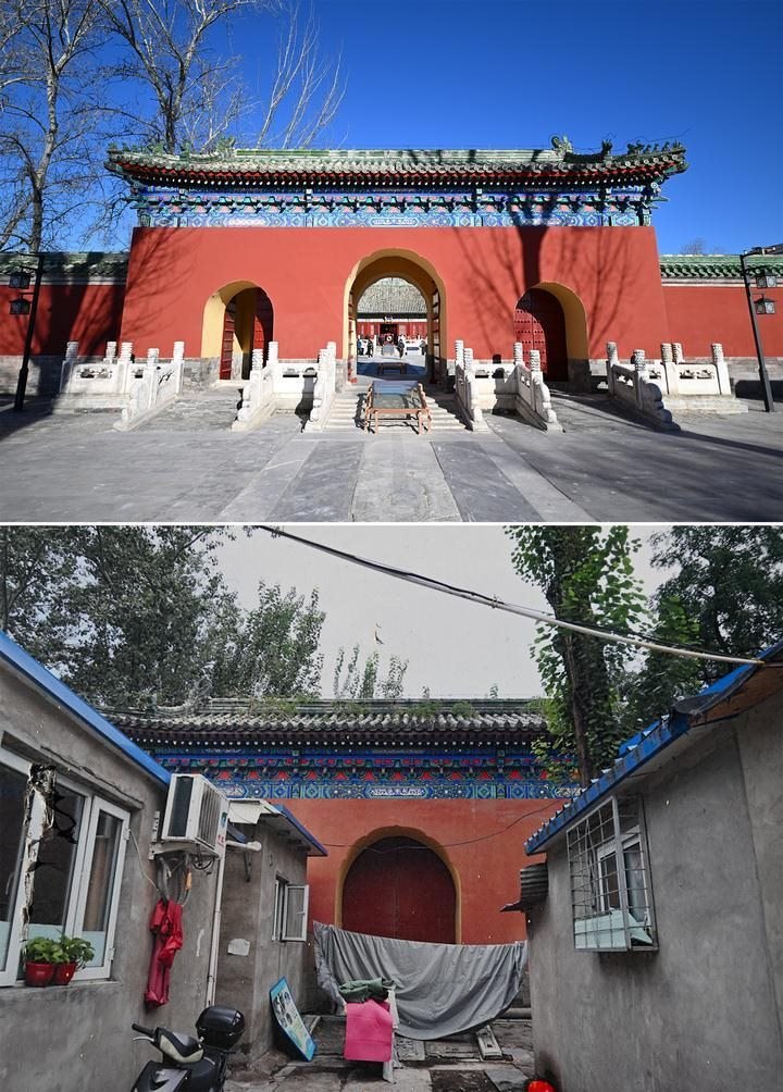 位于先農(nóng)壇內(nèi)的慶成宮，曾長(zhǎng)時(shí)間被雜亂的民居占據(jù)。在北京中軸線申遺保護(hù)工作的帶動(dòng)下，北京完成了慶成宮區(qū)域文物征收騰退、非文物建筑拆除、彩畫(huà)保護(hù)、本體修繕、展覽布陳等，讓560多年歷史的古建群重新回歸。2024年12月，北京中軸線上先農(nóng)壇內(nèi)的慶成宮首次面向社會(huì)公眾開(kāi)放。上圖為騰退修繕后的慶成宮內(nèi)宮門(mén)（資料照片）；下圖為翻拍的慶成宮內(nèi)宮門(mén)騰退修繕前的資料照片（2024年12月21日攝）。